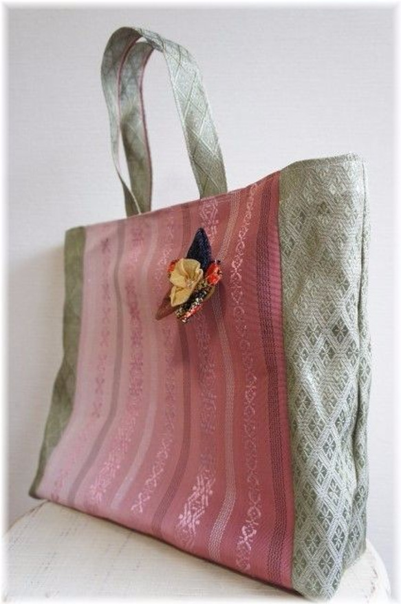 ハンドメイド　着物 リメイク　畳のヘリ＆正絹帯バッグ 4枚目の画像