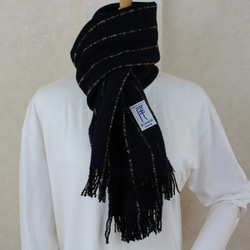 再販 Owarishima（尾張縞）マフラー黒/紺ストライプかすり染＊尾州編み