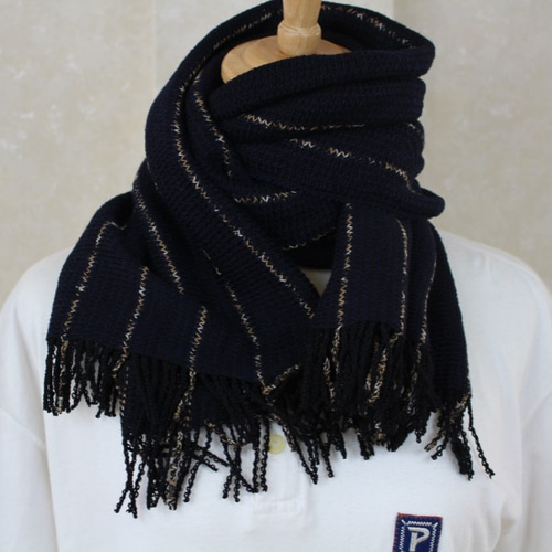 再販 Owarishima（尾張縞）マフラー黒/紺ストライプかすり染＊尾州編み