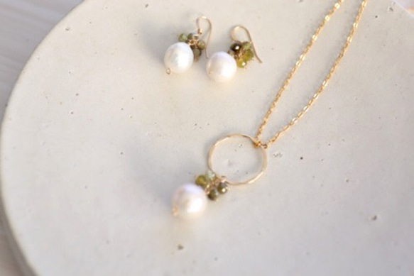 14KGF garnet pearl pierce necklace set[kgf0195] 1枚目の画像