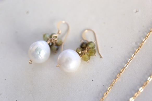 14KGF garnet pearl pierce necklace set[kgf0195] 2枚目の画像