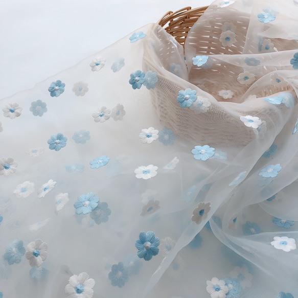 背中2type / 長さ2type 花柄刺繍 オーガンジードレス ブルー yuyu様専用 M ^_^ 花柄 オーガンジー 刺繍ワンピース パーティー