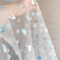《オーガンジー刺繍》ブルーフラワー　130×45〈生地・布・ベビー・子供服・スタイ・マスク・リボン・お花〉F2-5 6枚目の画像