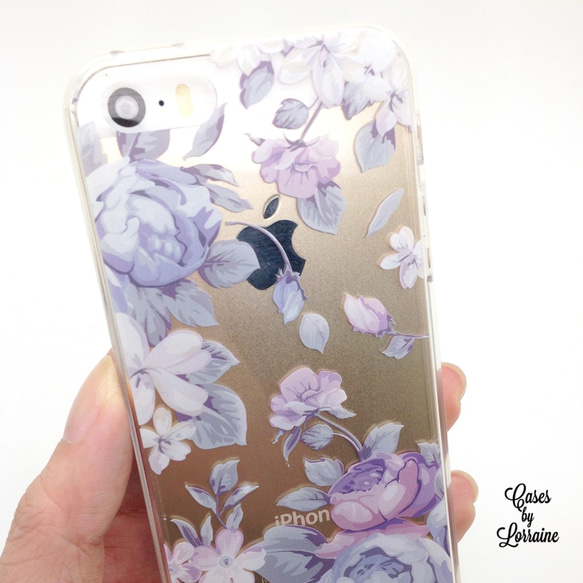 ※iPhone 7・7プラス・6 / 6S・6プラス・5 / 5S・SE※紫の花柄の電話シェル透明ソフトシェル 3枚目の画像