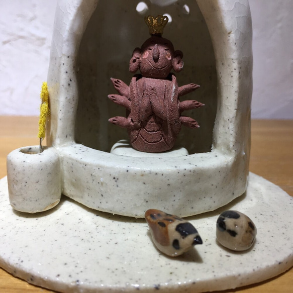 #千手観音像 陶器製 限定5】千手観音さまと雀とミモザのお花 陶器 千手観音菩薩