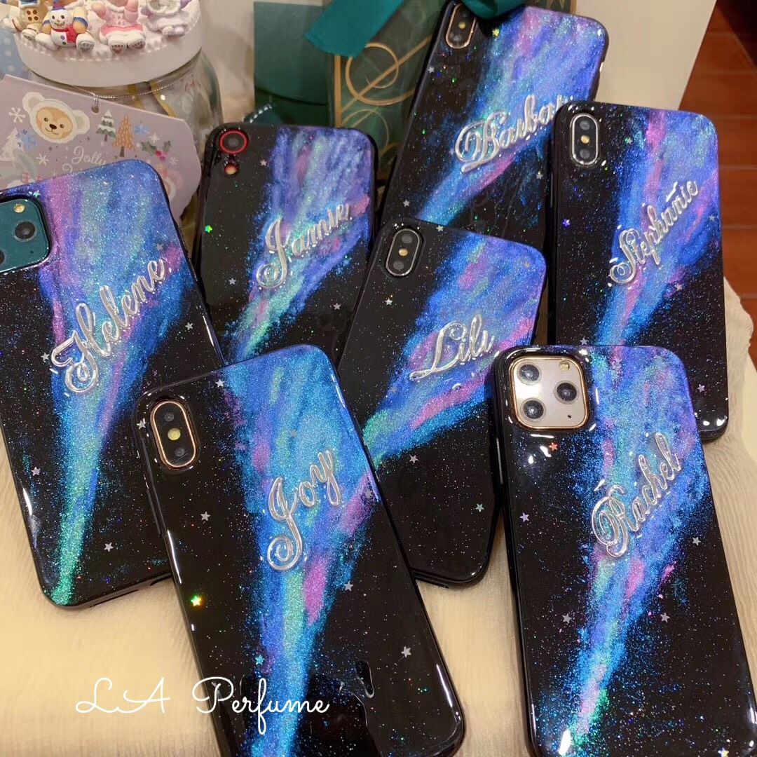 名入れ♡オーロラ星空✨キラキラ シンプル オリジナルケース アート ペイント ブラックケース 宇宙