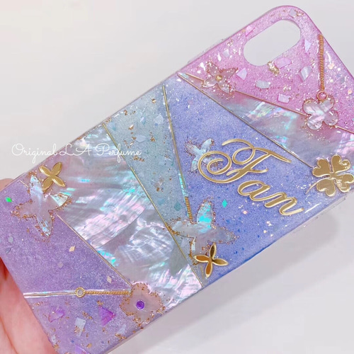 名前入り♡キラキラシェルフラワー✨淡色✨フレーク♡スマホケース ハンドメイド