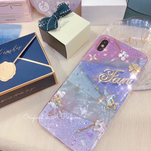 天然シェル♡キラキラ アイリス柄 ブルー オリジナルiPhoneケース フラワー セール】シェル風キラキラ 花柄 スマホケース（スマホケース