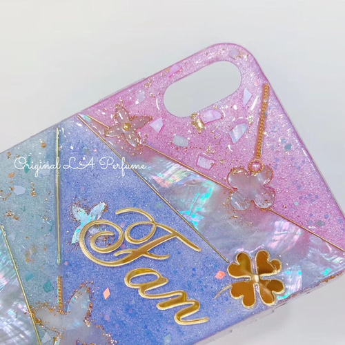 名前入り♡キラキラシェルフラワー✨淡色✨フレーク♡スマホケース ハンドメイド