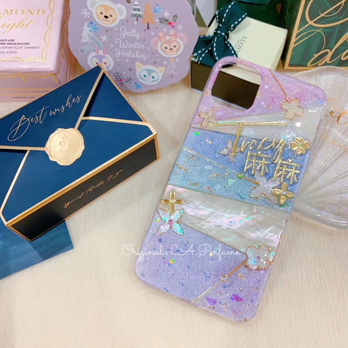 名前入り♡キラキラシェルフラワー✨淡色✨フレーク♡スマホケース ハンドメイド