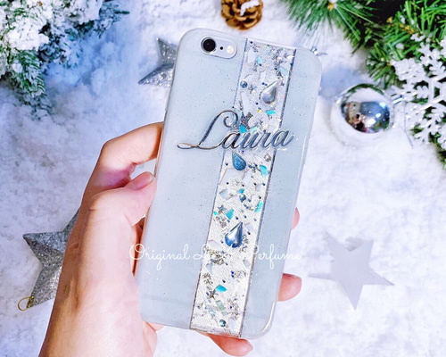 名入れ♡天然シェル✨キラキラ ハートドロップチャーム ブルー♡iPhoneケース 藤の花 螺鈿風 iPhone 15 14 13 全機種対応 名入れ可 天然貝シェル
