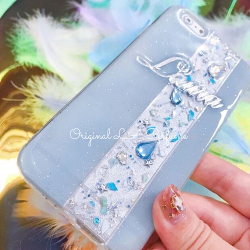 名入れ♡シェルフレーク✨キラキラ金箔入り♡オリジナルケース✨ハンドメイド 名入れ♡ドロップ フレーク ラインストーン入り キラキラ オリジナル