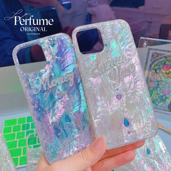 イニシャル♡キラキラ天然ホワイトシェル✨ラメドロップハートチャーム♡iPhone イニシャル♡キラキラ天然ホワイトシェル✨ラメドロップハート