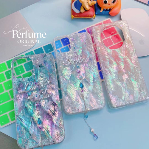 名入れ♡キラキラシェル✨ラメ✨ドロップハートチャームホワイト