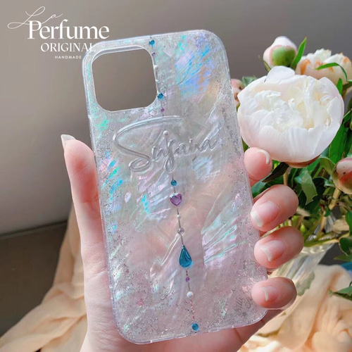 名入れ♡天然シェル✨キラキラ ハートドロップチャーム ホワイト♡iPhone 白 名入れ♡キラキラシェル✨ラメ✨ドロップハートチャームホワイト