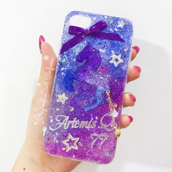 名入れ♡キラキラユニコーン✨リボンチャーム✨パープルブルー系♡スマホケース 名入れ♡キラキラユニコーン✨リボンチャーム✨ブルーパープル