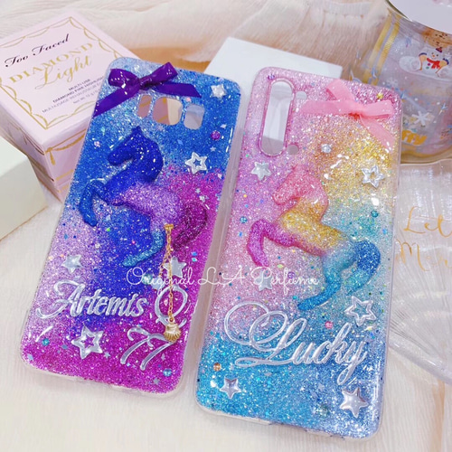 名入れ♡キラキラユニコーン✨リボンチャーム✨パープルブルー系♡スマホケース 名入れ♡キラキラユニコーン✨リボンチャーム✨ブルーパープル