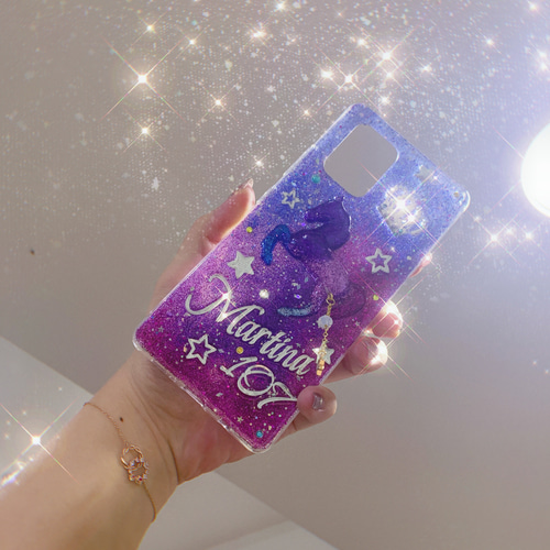 名入れ♡キラキラユニコーン✨リボンチャーム✨パープルブルー系♡スマホケース 名入れ♡キラキラユニコーン✨リボンチャーム✨ブルーパープル
