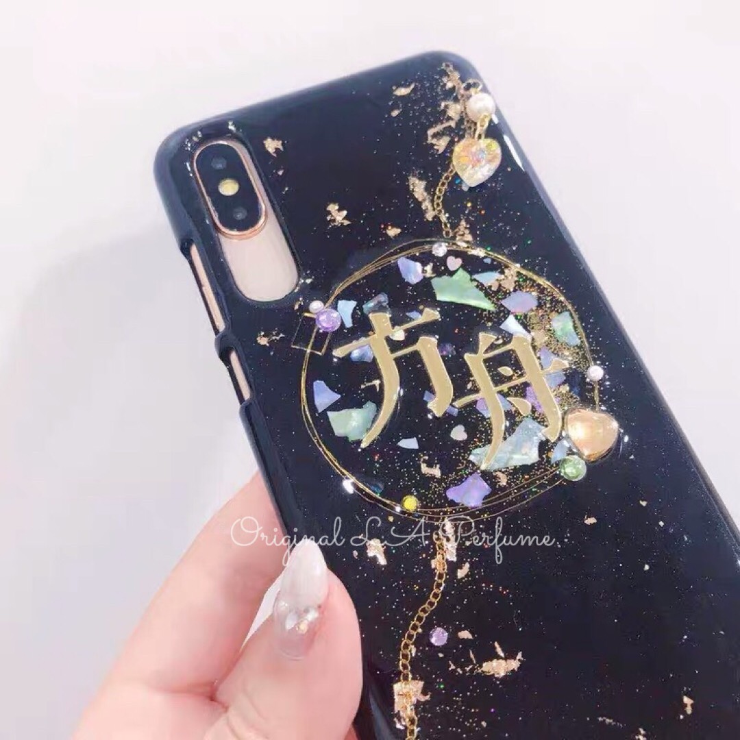 名入れ♡キラキラ金箔入り✨ブラック ハートチャーム オリジナルケース スマホケース iPhoneケース 名前入り