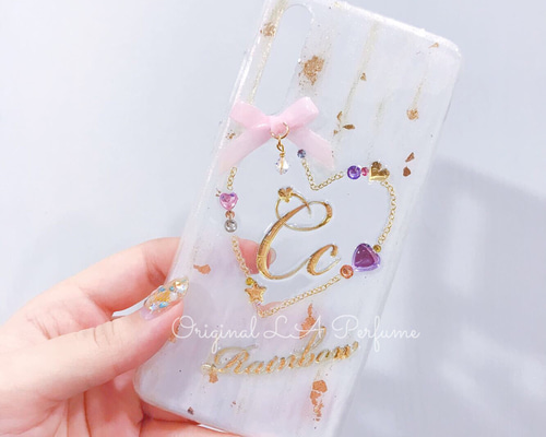 イニシャル＆名入れ♡ミルキーホワイト くすみカラー 金箔フレーク入り