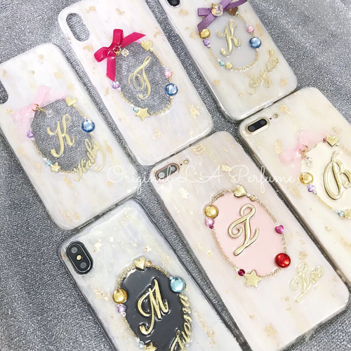 イニシャル＆名入れ♡ミルキーホワイト くすみカラー 金箔フレーク入り