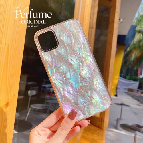 天然シェル♡キラキラ ニュアンスレインボー オリジナルiPhoneケース 海 夏 キラキラ天然シェル✨ピンクグリーン系 淡色 貝殻 オリジナル