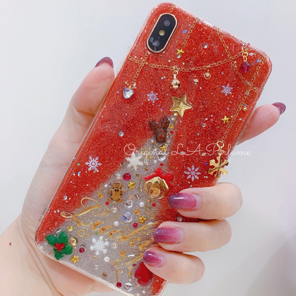 名入れ♡クリスマス⭐︎キラキラグリッター デコレーション✨オリジナルケース スマホケース イニシャル 2枚目の画像