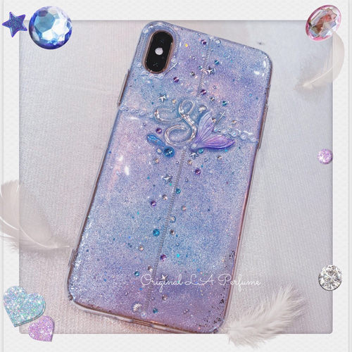 イニシャル♡マーメイド✨キラキラ カラフル 人魚 名入れ iPhoneケース イニシャル入れ♡キラキラマーメイド⭐︎テール♡シェルパールライン