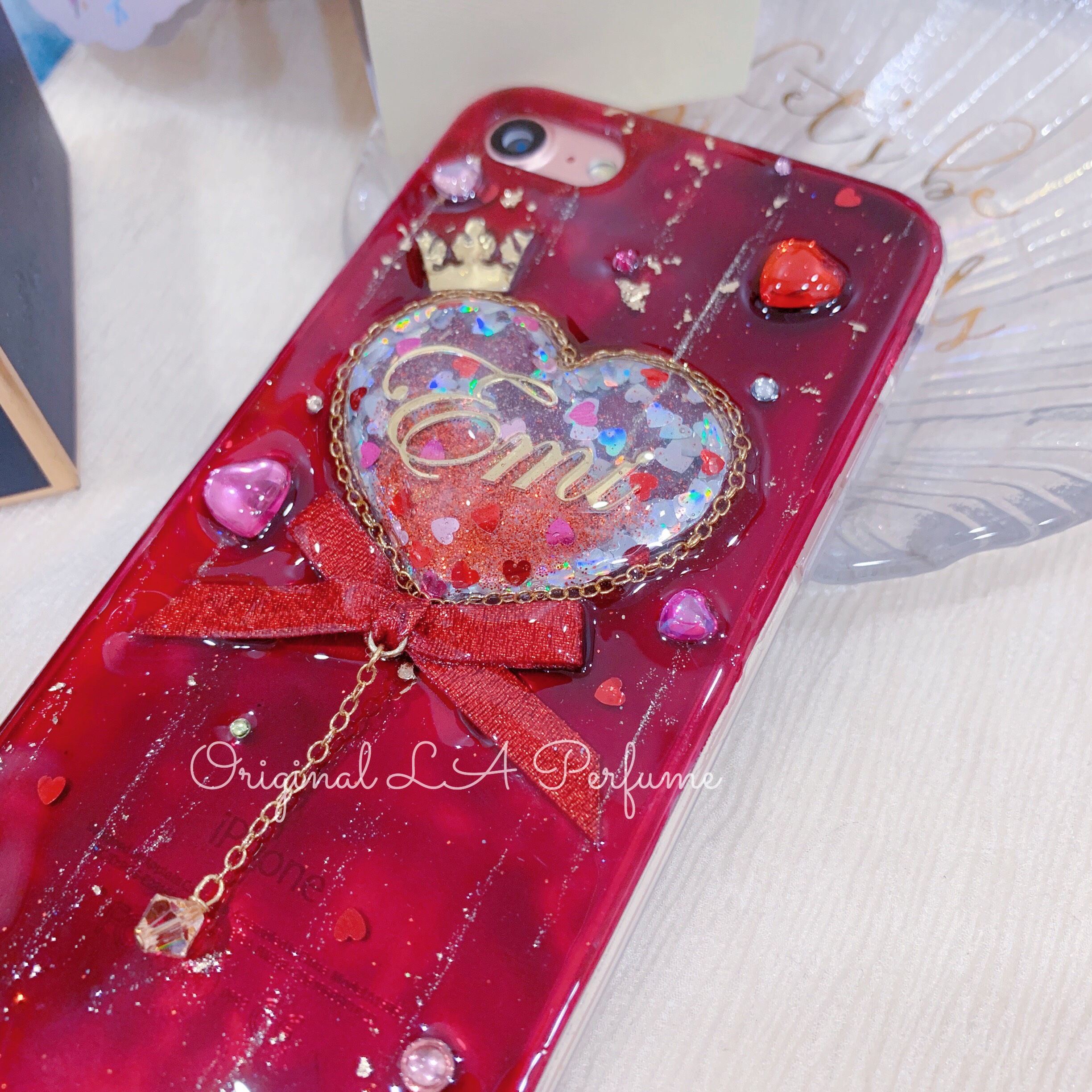 名入れ♡ぷっくりハート✨キラキラ金箔入り✨リボンチャーム付き⭐︎iPhoneケース 名入れ二箇所♡ぷっくりハート✨キラキラ金箔入り✨リボン