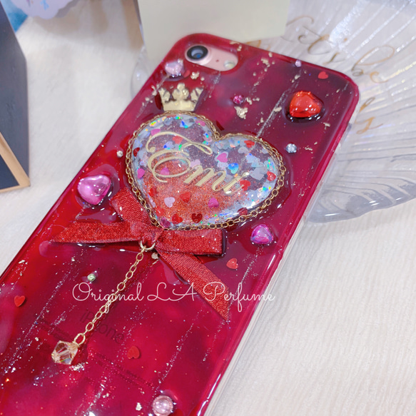 名入れ♡ぷっくりハート✨キラキラ金箔入り✨リボンチャーム付き⭐︎iPhoneケース 名入れ二箇所♡ぷっくりハート✨キラキラ金箔入り✨リボン