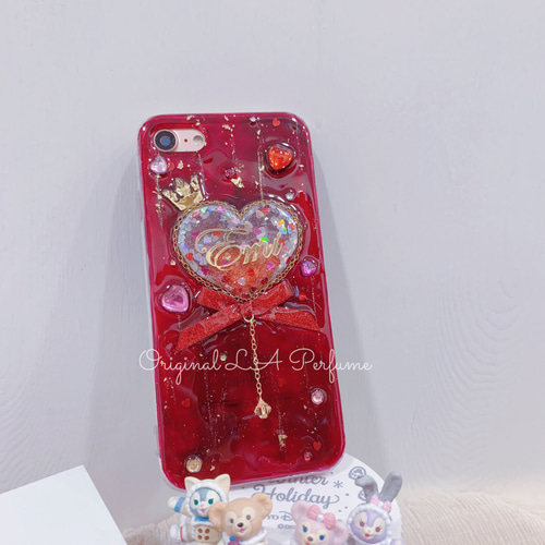 名入れ♡ぷっくりハート✨キラキラ金箔✨リボンチャーム⭐︎スマホケースiPhone 名入れ二箇所♡ぷっくりハート✨キラキラ金箔入り✨リボン