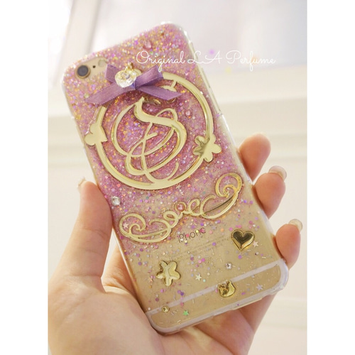 ネーム入れ♡リボンハートチャーム付き⭐︎キラキラ✨ガーリー♡iPhoneカバー イニシャル＆名入れ♡リボンハートチャーム付き⭐︎キラキラ ライン