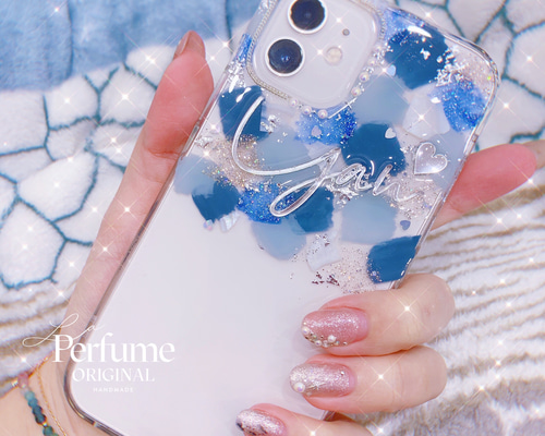 名入れ♡ニュアンスアートペイント✨キラキラフレーク パール⭐︎スマホケース ブルー 0_f8561a0980991c9168ed4bc51781