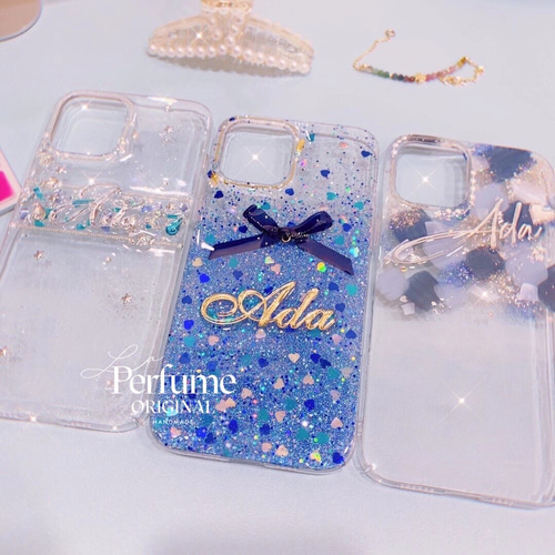 名入れ♡ニュアンスアートペイント✨キラキラフレーク パール⭐︎スマホケース ブルー 名入れ♡ニュアンスアートペイント✨パール キラキラフレーク入り