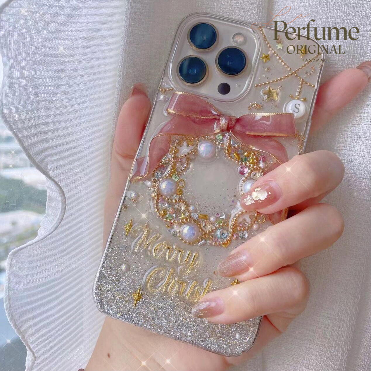 イニシャル＆名入れ♡リボン キラキラ✨パール ツリーオリジナルケース スマホケース イニシャル ピンク くすみカラー