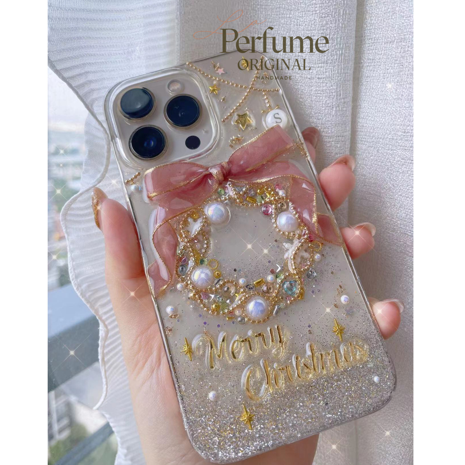 イニシャル＆名入れ♡リボン キラキラ✨パール ツリーオリジナルケース スマホケース イニシャル ピンク くすみカラー