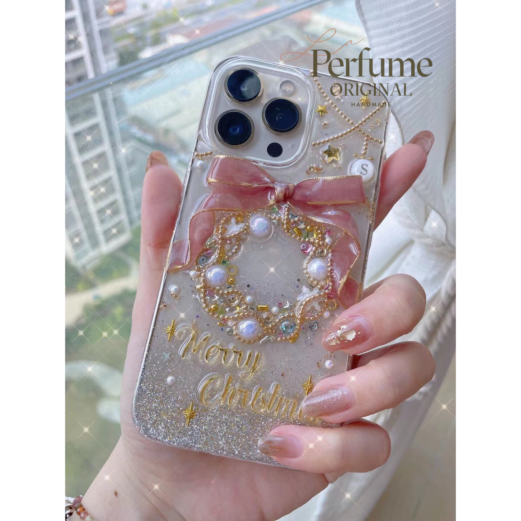 イニシャル＆名入れ♡リボン キラキラ✨パール ツリーオリジナルケース スマホケース イニシャル ピンク くすみカラー