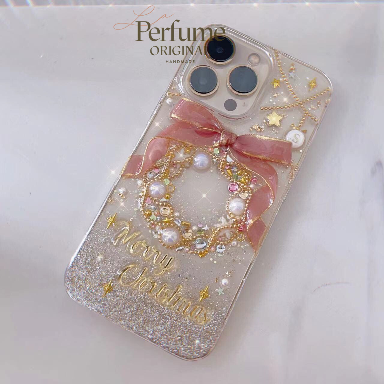 イニシャル＆名入れ♡リボン キラキラ✨パール ツリーオリジナルケース スマホケース イニシャル ピンク くすみカラー