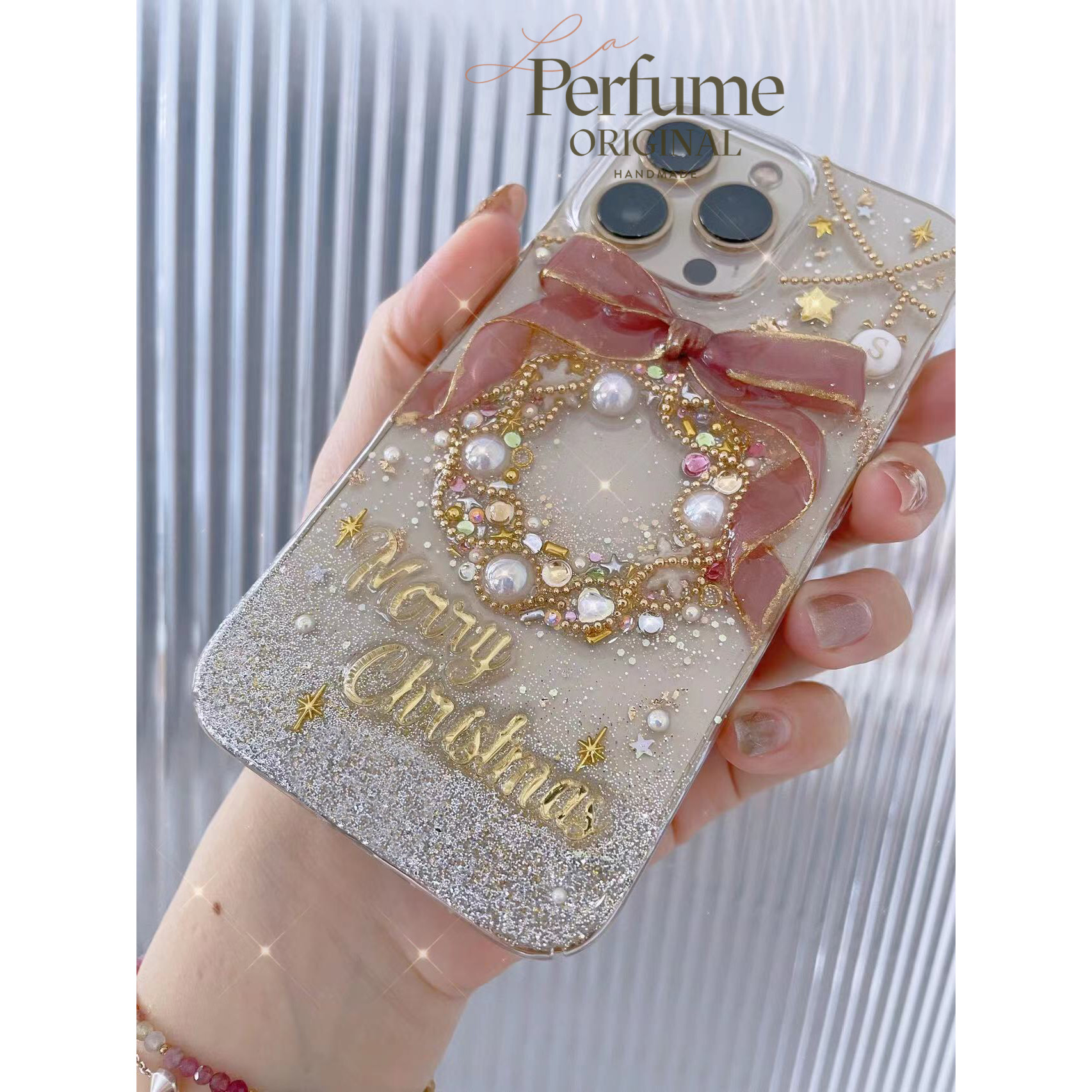 イニシャル＆名入れ♡リボン キラキラ✨パール ツリーオリジナルケース スマホケース イニシャル ピンク くすみカラー