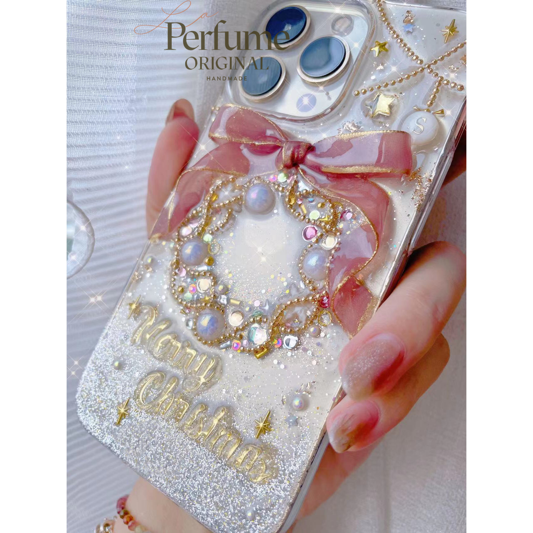 イニシャル＆名入れ♡リボン キラキラ✨パール ツリーオリジナルケース スマホケース イニシャル ピンク くすみカラー