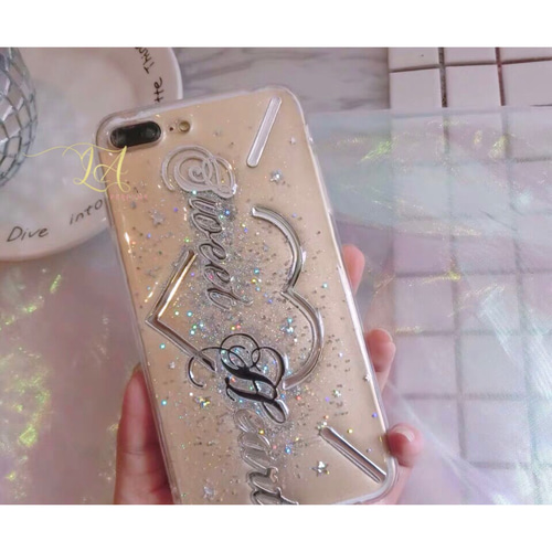 名入れ♡キラキラハートラブレターケースイニシャル 名前入り ラメ