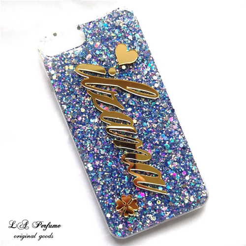 名入れ♡天然シェル✨グリッター ブルー カラフル イニシャル iPhoneケース 3d206344e36baa6ee1d7f615d59728