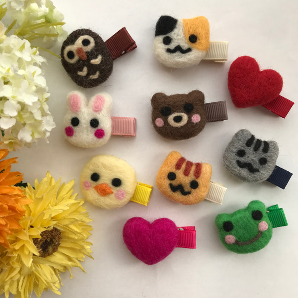 羊毛フェルト♡ハート♡ ベビーヘアクリップ　ヘアゴム 羊毛フェルト♡ハート♡ ベビーヘアクリップヘアゴム