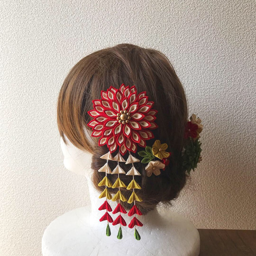 つまみ細工 色とりどりの花かんざし（色とりどりのお花かんざし ヘッド  