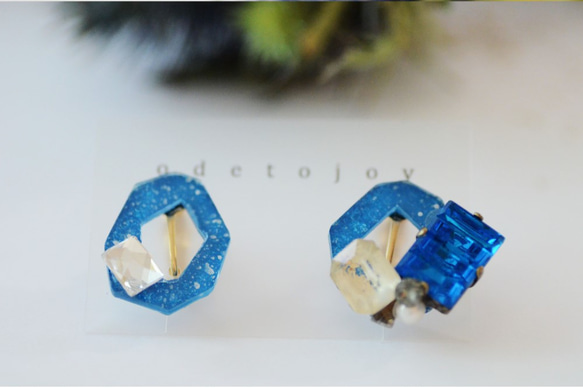 復古珠寶和星塵耳環（藍） 第1張的照片