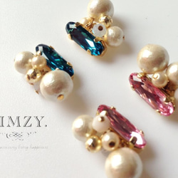 【LIMZY.】ビジューとジャラジャラパールのピアス・イヤリング -インディゴ 4枚目の画像