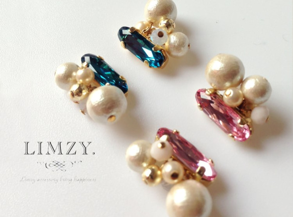 【LIMZY.】ビジューとジャラジャラパールのピアス・イヤリング -インディゴ 4枚目の画像