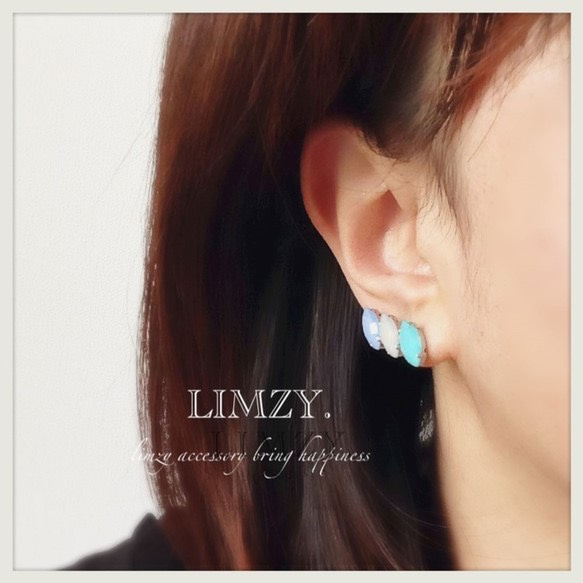 【LIMZY.】オブリーク　ピアス/イヤリング　ブルー×グレー×グリーン 5枚目の画像