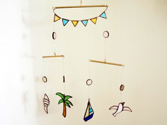 ステンドグラス 海色モビール マリンテイスト ステンドグラスの夏モビール モビール Unit Glass