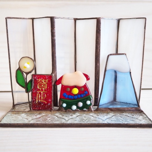 ステンドグラスのお正月飾りー獅子舞＆富士山 その他インテリア雑貨